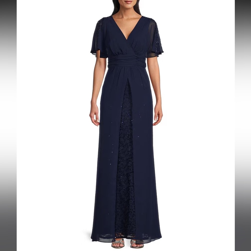 Short Flutter Sleeve V-Neck Sequin Lace Detail Front Slit A-Line Gown